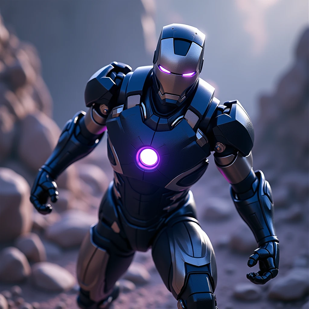 {{{masterpiece}}}, {extremely delicate and beautiful}, (solo:1.5), (best quality:1.2), (ultra high res, photorealistic, raw photo:1.4), 8k, Cinematic Lighting, beautiful lighting, professional lighting, physically-based rendering, photon mapping, radiosity, detailed and intricate, detail armour, iron man, superhero landing pose,black and blue suit,ark reactor in his chest glowing a dark purple, dynamic angle,