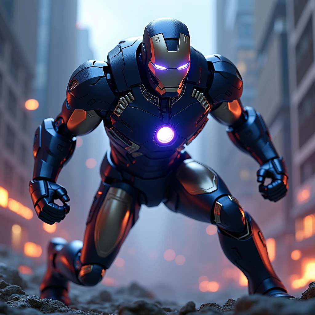 {{{masterpiece}}}, {extremely delicate and beautiful}, (solo:1.5), (best quality:1.2), (ultra high res, photorealistic, raw photo:1.4), 8k, Cinematic Lighting, beautiful lighting, professional lighting, physically-based rendering, photon mapping, radiosity, detailed and intricate, detail armour, iron man, superhero landing pose,black and blue suit,ark reactor in his chest glowing a dark purple, dynamic angle,