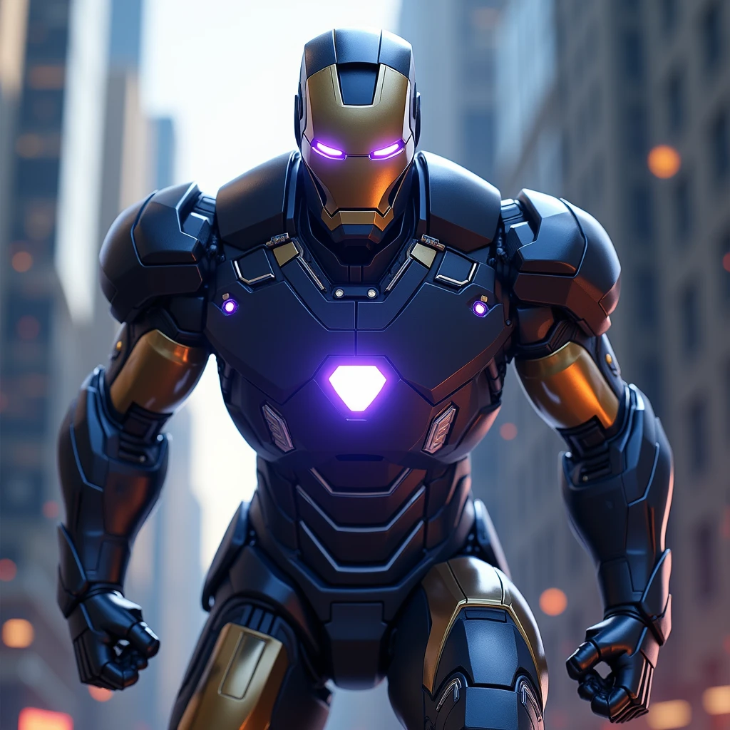 {{{masterpiece}}}, {extremely delicate and beautiful}, (solo:1.5), (best quality:1.2), (ultra high res, photorealistic, raw photo:1.4), 8k, Cinematic Lighting, beautiful lighting, professional lighting, physically-based rendering, photon mapping, radiosity, detailed and intricate, detail armour, iron man, superhero landing pose,black and blue suit,ark reactor in his chest glowing a dark purple, dynamic angle, 