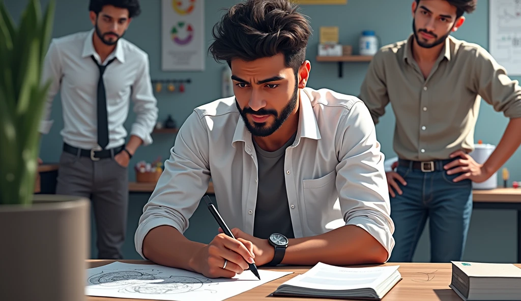 Depict Vijay and his friend in a small office or a garage, brainstorming ideas, with determination and hope in their faces.