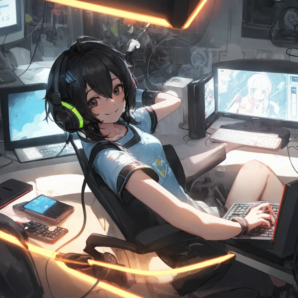 High resolution, 8k resolution, (Lens flare:0.5), Light from afar, (smile, joy) Short sleeve gaming wear, Black Hair, Computer Lab, Over-the-head gaming headset、One Cute、