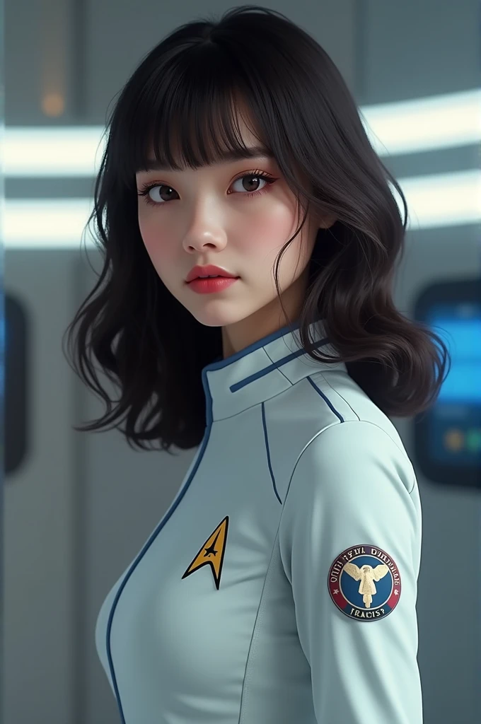 A girl with dark brown wavy hair in a medium length, with bangs, With dark brown almond-shaped eyes and a pinkish complexion , thin red lips and with the medical uniform. the Star Trek