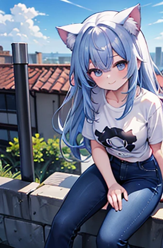 Highest quality, High resolution, Perfect human structure, Cat ear, Front view, Shiny Hair, Rainbow Hair, On the roof, Sitting, Show your hand, Gradient Eye, sleek bangs, Front Angle, T-Shirts, jeans, smile,Large Breasts