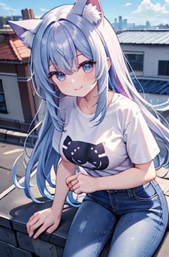Highest quality, High resolution, Perfect human structure, Cat ear, Front view, Shiny Hair, Rainbow Hair, On the roof, Sitting, Show your hand, Gradient Eye, sleek bangs, Front Angle, T-Shirts, jeans, smile,Large Breasts
