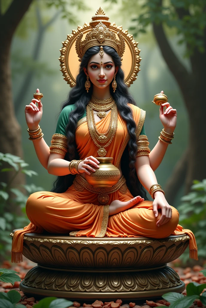 Photo of Indian god annpurna devi sitting on the base and in hand A round metal pot and spun 