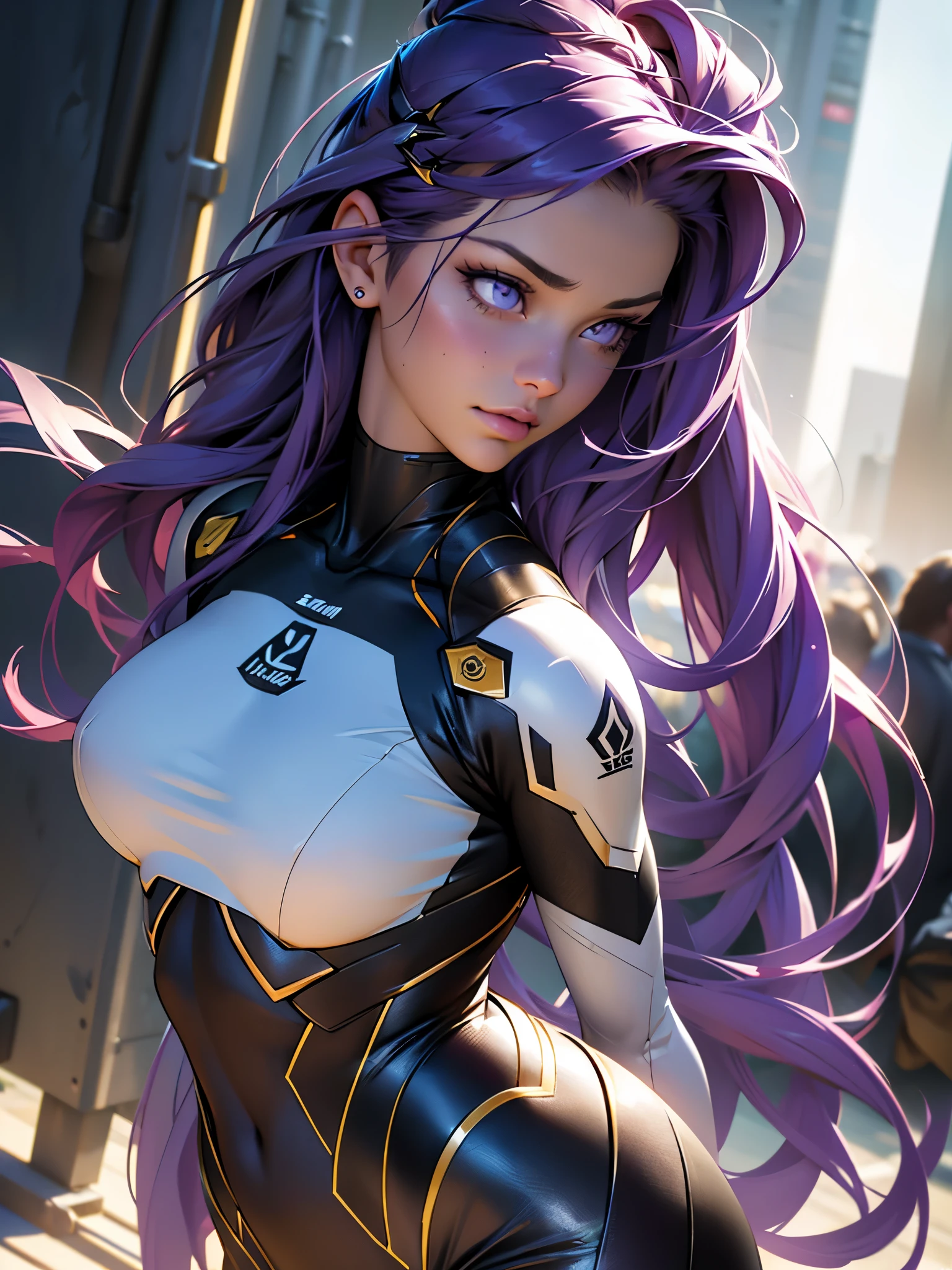 beautiful detailed eyes, beautiful detailed lips, extremely detailed eyes and face, long eyelashes, 1 girl, superhero costume, tight futuristic costume, long purple hair, gold hairpins, calm and reasonable expression, purple white black costume, heroes training field, full length, (best quality,4k,8k,highres,masterpiece:1.2),ultra-detailed,(realistic,photorealistic,photo-realistic:1.37),HDR,UHD,studio lighting,ultra-fine painting,sharp focus,physically-based rendering,extreme detail description,professional,vivid colors,bokeh,concept art. Full length. A girl warms up on a training ground. Training at the academy. Students around. Hair gathered in a bun at the back of the head. The girl is depicted in full growth.