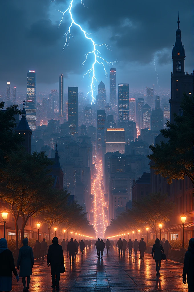 A beautiful city in which night is falling and all the house lights are on and lightning is falling from above.