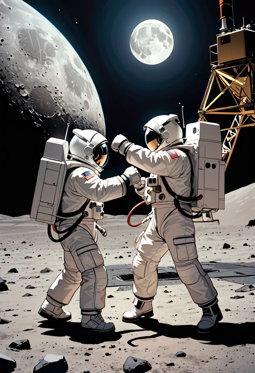 (masterpiece, best quality),(two astronauts fist fighting), fighting,fighting pose,Punch, kick, Knuckle! ,1969 moon landing video, moon surface, Apollo 11, lo-fi,"Rocket Fuel" MV,