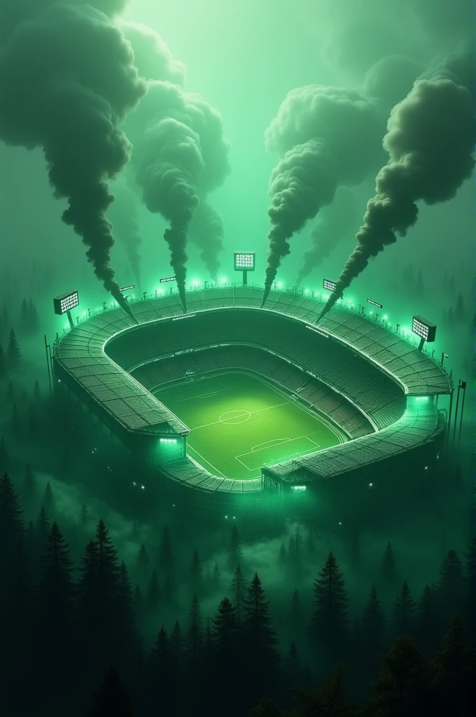 A hyper-realistic image a greenwaves over a football stadium with forest green and black smoke and drips with "FOOTBALL" and money around