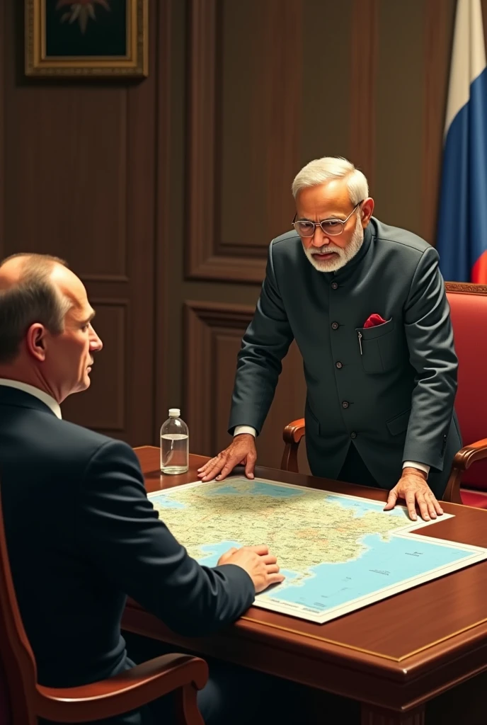 Modi suggests a ceasefire and a peacekeeping mission involving neutral countries. The image shows him pointing to a map, while Putin considers the proposal.