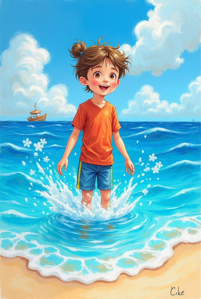 10歳の小学生が書いたpicture日記、Ocean、swim、I、picture、Art、Colored pencil