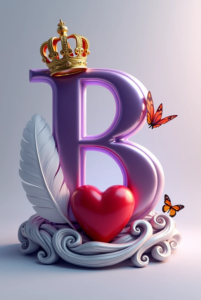 A 3d render of the a letter "B" in a purple and gold metallic font with golden British crowns above both letters and a white feather and butterfly, with a light shine behind the letter, and a silver swirl underneath. A red heart , The background is a light gray.