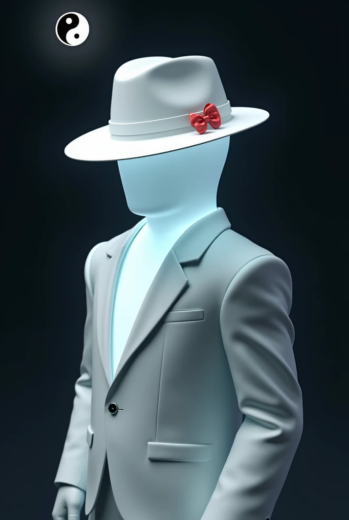 A man wears, white fedora hat with red small ribbon on the side of the hat, white glove, white suit, white glowing face, faceless, yin and yang symbol on behind above the moon, roblox, right view, void head