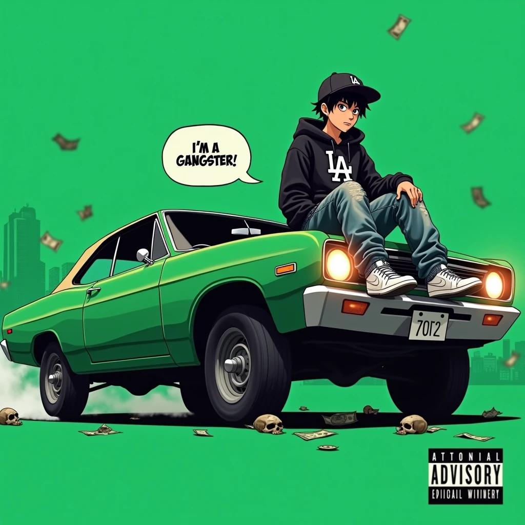 Image of a man sitting on the bonnet of a car, Yoshihiko Wada&#39;s album cover, winner of the behance contest, Doodle, official artwork, rap album cover, hip - hop album art cover, colored album art, hip hop music album cover, rap album cover art, official fanart, GTA Cover, hip hop album cover, album art cover, Cartoon character, oriental boy, Running car, Green background, green tea, Deep pressed black LA ball cap, white nike shoes, Black LA Hoodie, Baggy jeans worn down, black neighborhood, Skull, drug, The city seen from behind, korean, white smoke, Headlight light, Troublemakers, Bad boy, A lot of money flying around, Write I&#39;m a gangster like a character speech bubble, mischievous expression