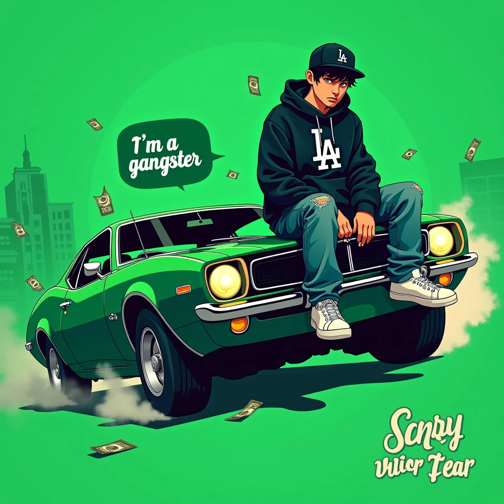 Image of a man sitting on the bonnet of a car, Yoshihiko Wada's album cover, winner of the behance contest, Doodle, official artwork, rap album cover, hip - hop album art cover, colored album art, hip hop music album cover, rap album cover art, official fanart, GTA Cover, hip hop album cover, album art cover, Cartoon character, oriental boy, Running car, Green background, green tea, Deep pressed black LA ball cap, white nike shoes, Black LA Hoodie, Baggy jeans worn down, black neighborhood, Skull, drug, The city seen from behind, korean, white smoke, Headlight light, Troublemakers, Bad boy, A lot of money flying around, Write I'm a gangster like a character speech bubble, mischievous expression