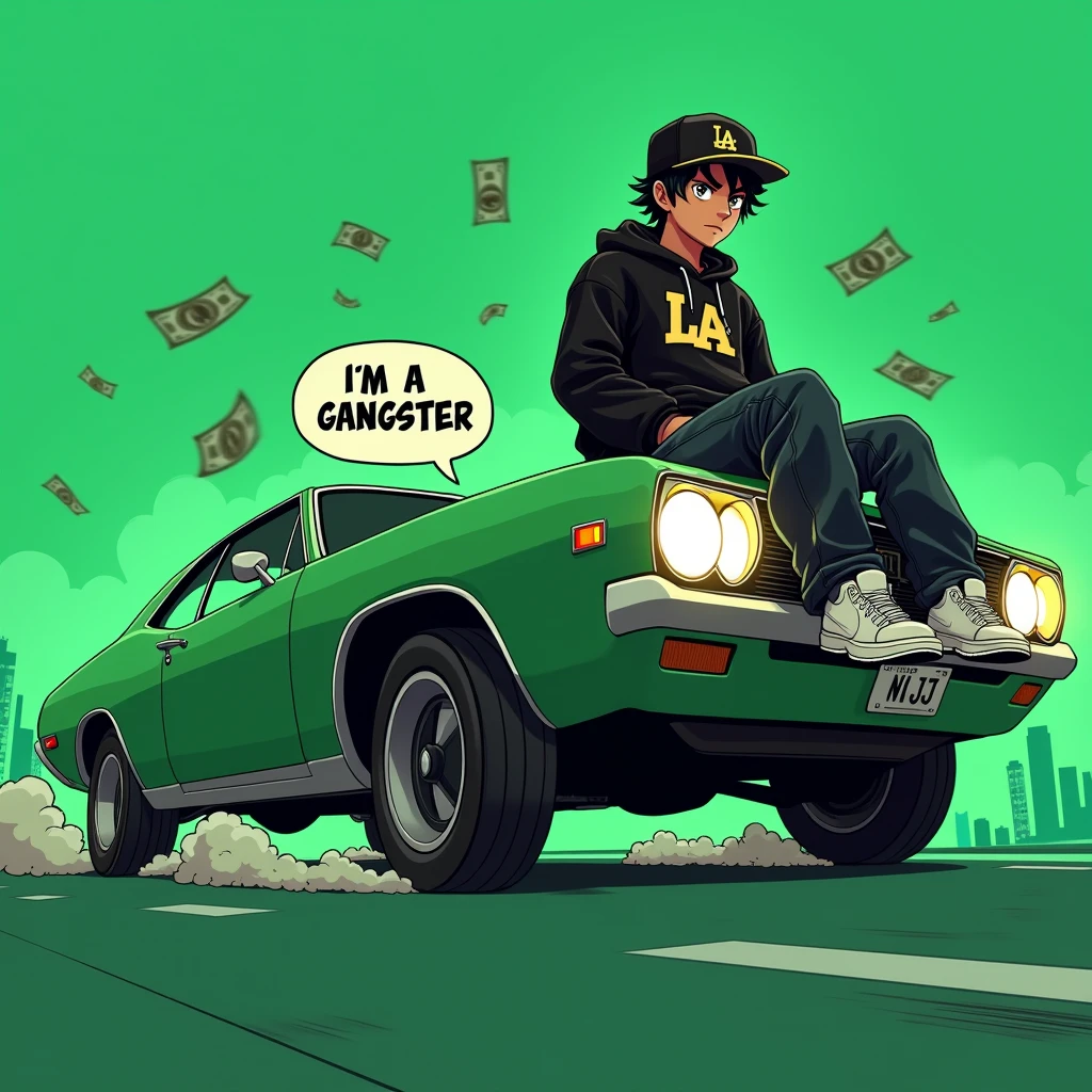 Image of a man sitting on the bonnet of a car, Yoshihiko Wada's album cover, winner of the behance contest, Doodle, official artwork, rap album cover, hip - hop album art cover, colored album art, hip hop music album cover, rap album cover art, official fanart, GTA Cover, hip hop album cover, album art cover, Cartoon character, oriental boy, Running car, Green background, green tea, Deep pressed black LA ball cap, white nike shoes, Black LA Hoodie, Baggy jeans worn down, black neighborhood, Skull, drug, The city seen from behind, korean, white smoke, Headlight light, Troublemakers, Bad boy, A lot of money flying around, Write I'm a gangster like a character speech bubble, mischievous expression