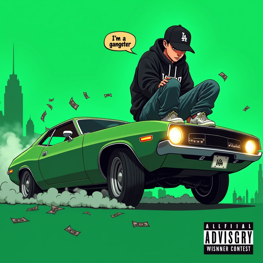 Image of a man sitting on the bonnet of a car, Yoshihiko Wada's album cover, winner of the behance contest, Doodle, official artwork, rap album cover, hip - hop album art cover, colored album art, hip hop music album cover, rap album cover art, official fanart, GTA Cover, hip hop album cover, album art cover, Cartoon character, oriental boy, Running car, Green background, green tea, Deep pressed black LA ball cap, white nike shoes, Black LA Hoodie, Baggy jeans worn down, black neighborhood, Skull, drug, The city seen from behind, korean, white smoke, Headlight light, Troublemakers, Bad boy, A lot of money flying around, Write I'm a gangster like a character speech bubble, mischievous expression