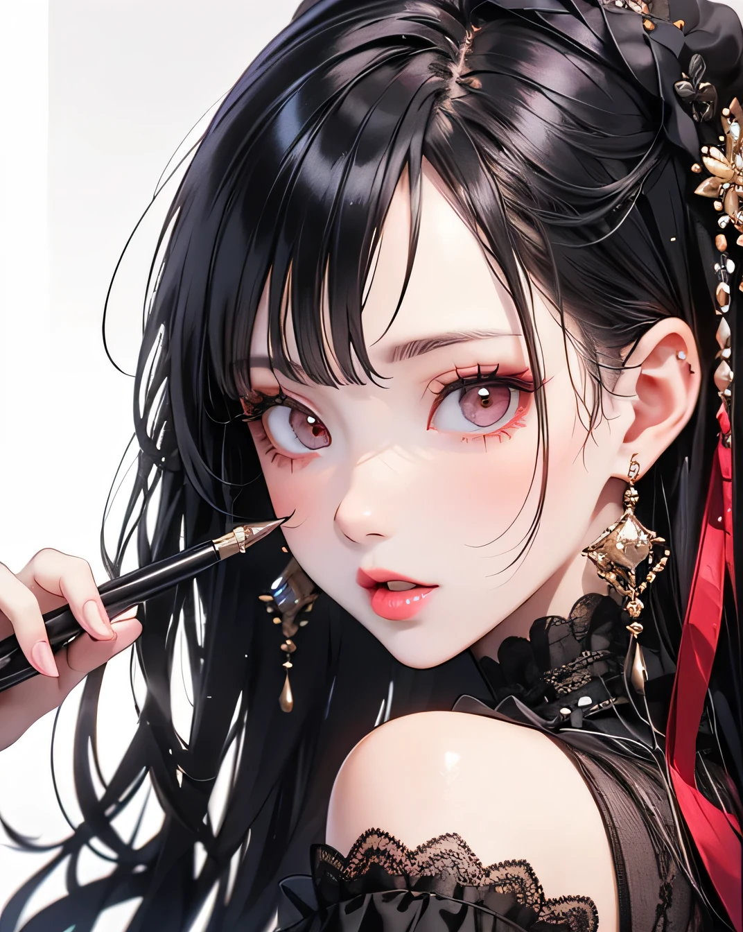 A sexy and seductive lady，30-years old，Peach blossom eyes，Smoky makeup，Dark eyeshadow，Heavy makeup，whaite hair，Qi bangs long hair，The shirt，Teasing expressions，sexual teasing，putting makeup on，A seductive smile，high-class sense，hyper HD，tmasterpiece，，8K，best qualtiy，ccurate，very detailed character，（8K，RAW photogr，best qualtiy，tmasterpiece，，：1.2），（（role）concept-art），The upper part of the body，finedetail，The center of the screen，