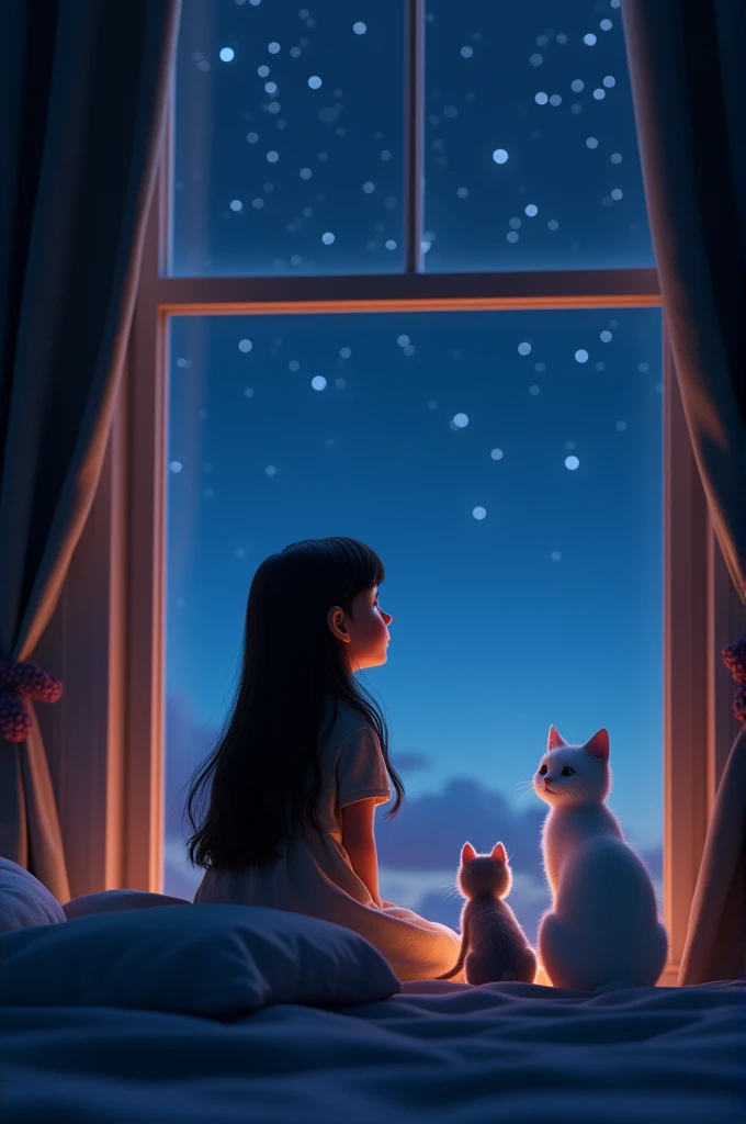 Withe a 3d pixar animation, A night scene where a big hair girl sitting on the window side with a grey cat and a white cat and looking on the sky where is full of stars.