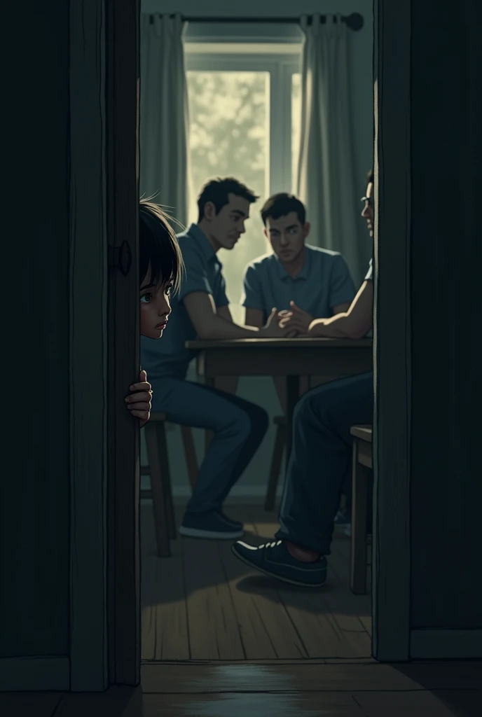 a  peeking from behind a slightly open door, where in the background, adults are gathered around a table, speaking in hushed tones, with worried expressions on their faces. The room should have dim lighting to convey the secrecy and fear of the conversation. Outside the window, there could be a shadowy figure representing the threat of surveillance or government monitoring.