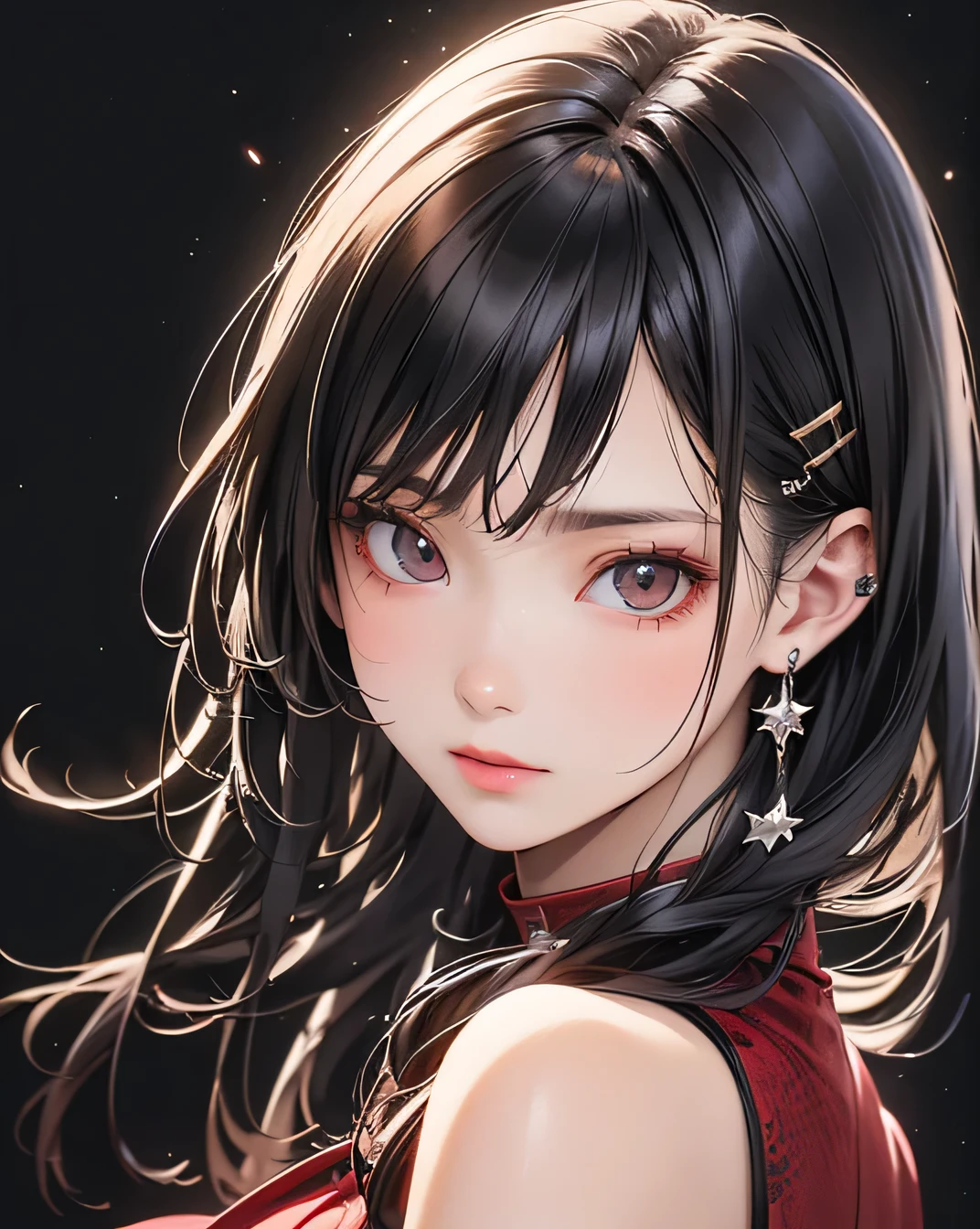 Highest quality, masterpiece, Ultra-high resolution, (Realistic: 1.4), RAW Photos, 1 person, Black Hair, Glowing Skin, (Beautifully detailed face), (Beautiful attention to detail),Dramatic lighting, whole body,, Red dress, huge