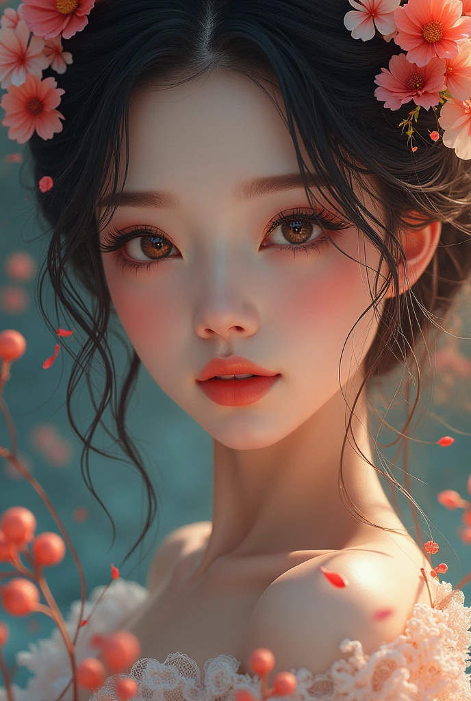 A detailed, delicate, and intricate Japanese woman, best quality, ultra-realistic, masterpiece, deep and expressive, exquisite colors, surreal, 1girl, extremely detailed face and eyes, beautiful detailed lips, long eyelashes, digital painting, hyper detailed, cinematic lighting, vibrant colors, oil painting, ethereal, serene, elegant