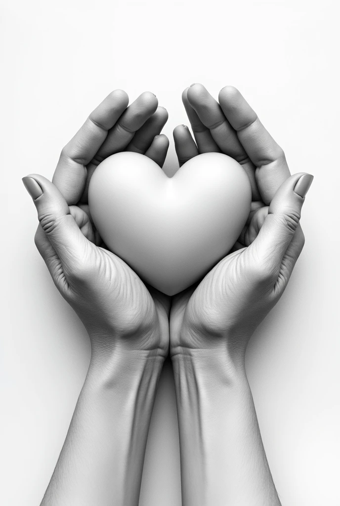 Imagine two hands gently cupping a heart that seems to emerge from the paper. The hands are realistic, showing details like skin texture, shadows, and slight wrinkles. The heart is positioned between the hands, appearing three-dimensional with light and shadow effects, giving it a sense of depth and making it look like it's hovering just above the paper. Provide me the 3d pencil drawing of this
