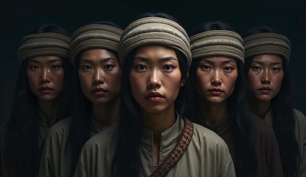 There is a shadow、Digital Art、Five Ainu people are looking at me with serious expressions.、Ainu people wear turbans on their heads