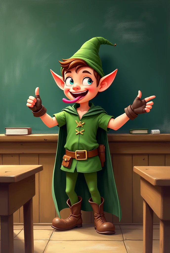 Robin hood tongue out whilee pointing at the blackboard in the middle