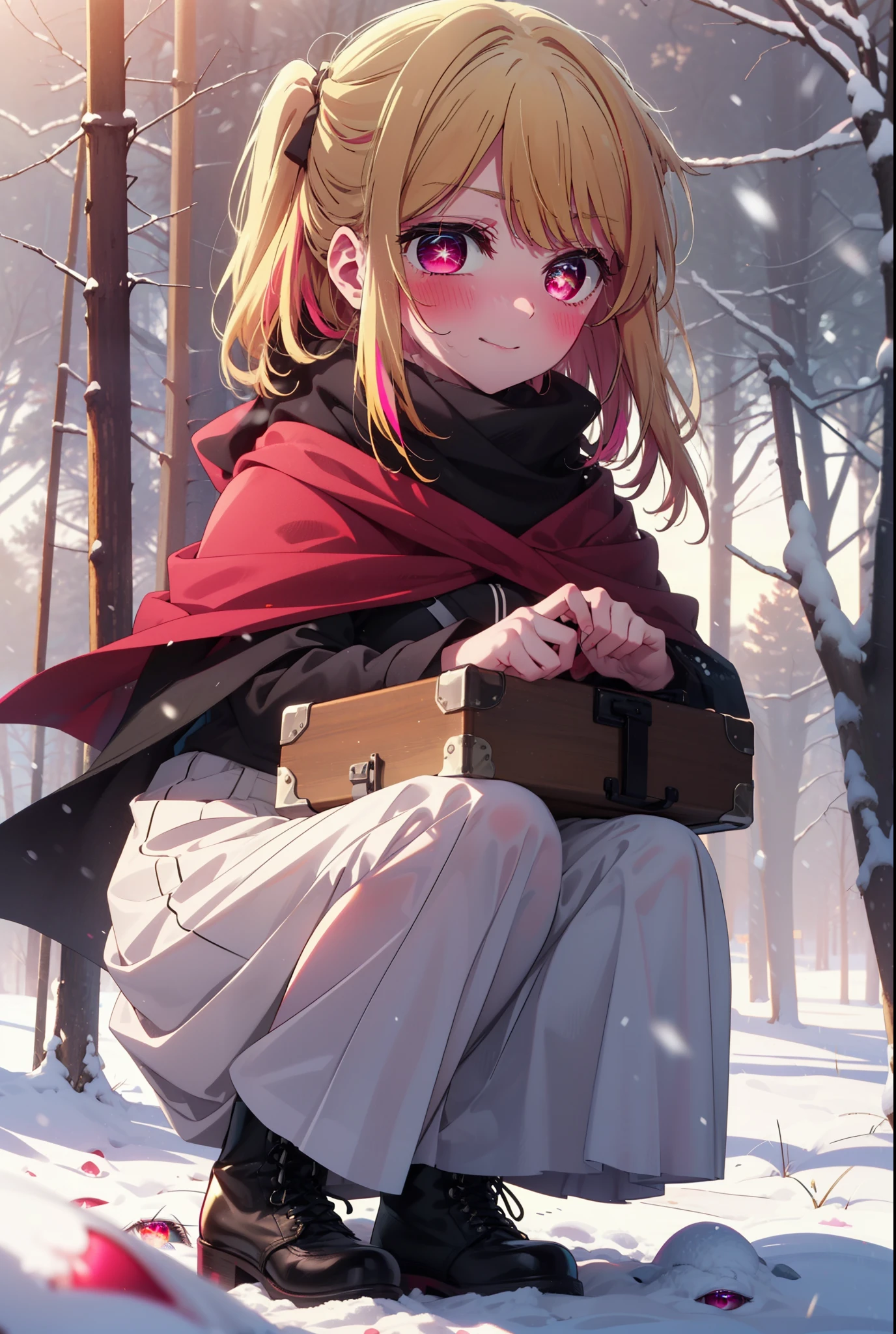 rubyhoshino, Hoshino Ruby, Long Hair, bangs, blonde, (Pink Eyes:1.3), Side Lock, (Symbol-shaped pupil:1.5), Multicolored Hair, Two-tone hair, smile,,smile,blush,white breath,
Open your mouth,snow,Ground bonfire, Outdoor, boots, snowing, From the side, wood, suitcase, Cape, Blurred, , forest, White handbag, nature,  Squat, Mouth closed, Cape, winter, Written boundary depth, Black shoes, red Cape break looking at viewer, Upper Body, whole body, break Outdoor, forest, nature, break (masterpiece:1.2), Highest quality, High resolution, unity 8k wallpaper, (shape:0.8), (Beautiful and beautiful eyes:1.6), Highly detailed face, Perfect lighting, Highly detailed CG, (Perfect hands, Perfect Anatomy),