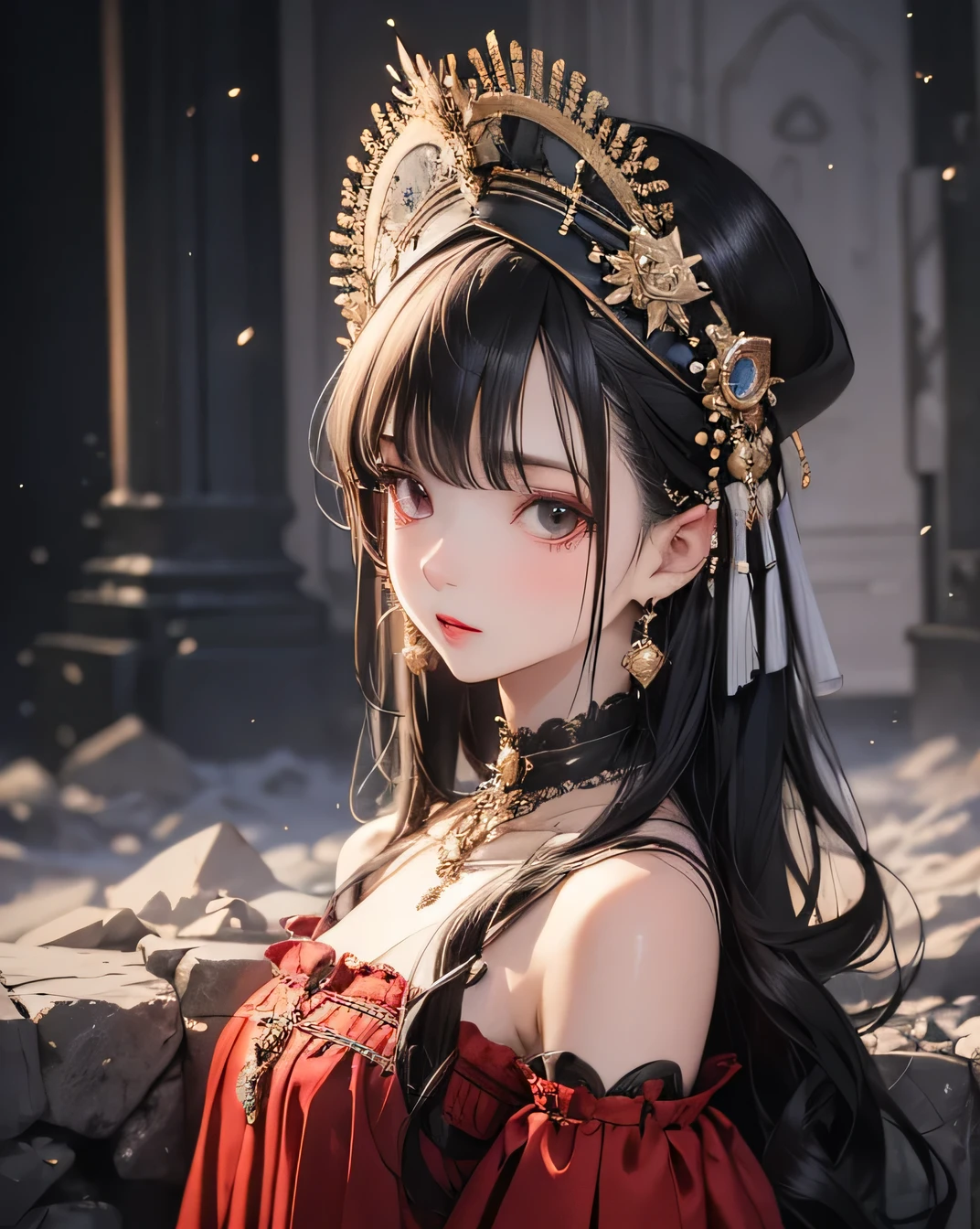 Highest quality, masterpiece, Ultra-high resolution, (Realistic: 1.4), RAW Photos, 1 person, Black Hair, Glowing Skin, (Beautifully detailed face), (Beautiful attention to detail),Dramatic lighting, whole body,, Red dress, huge
