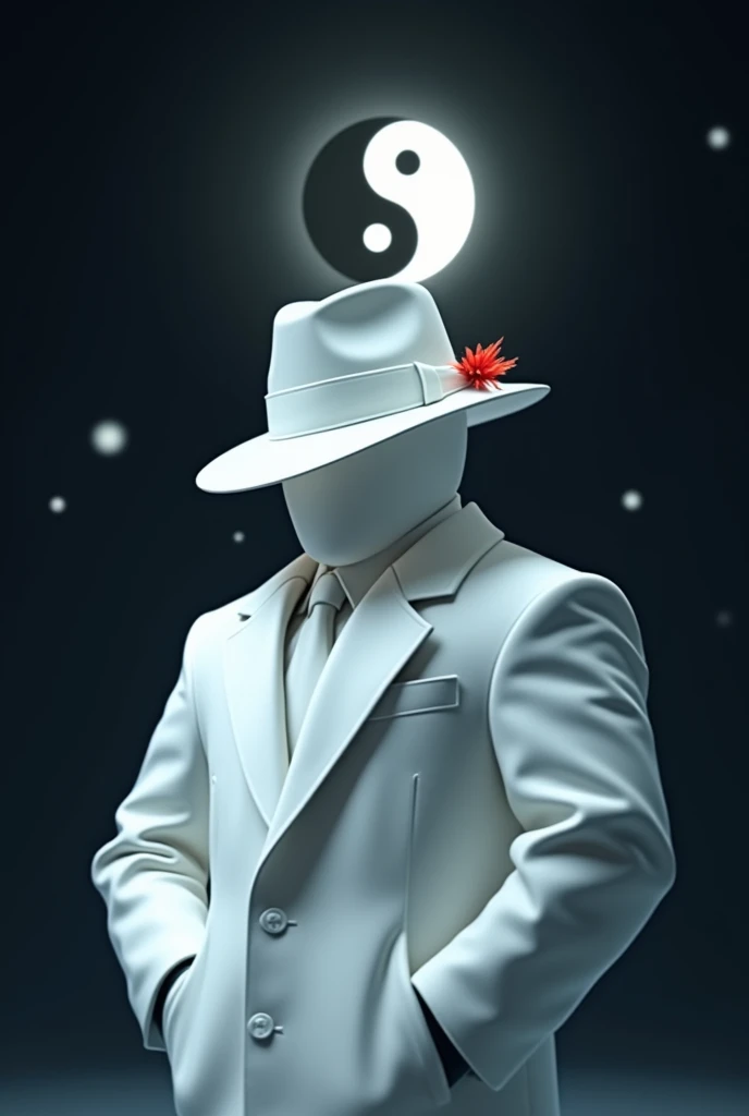 A man wears, white fedora hat with red small ribbon on the side of the hat, white glove, white suit, white glowing face, faceless, yin and yang symbol on behind above the moon, roblox, right view, void head