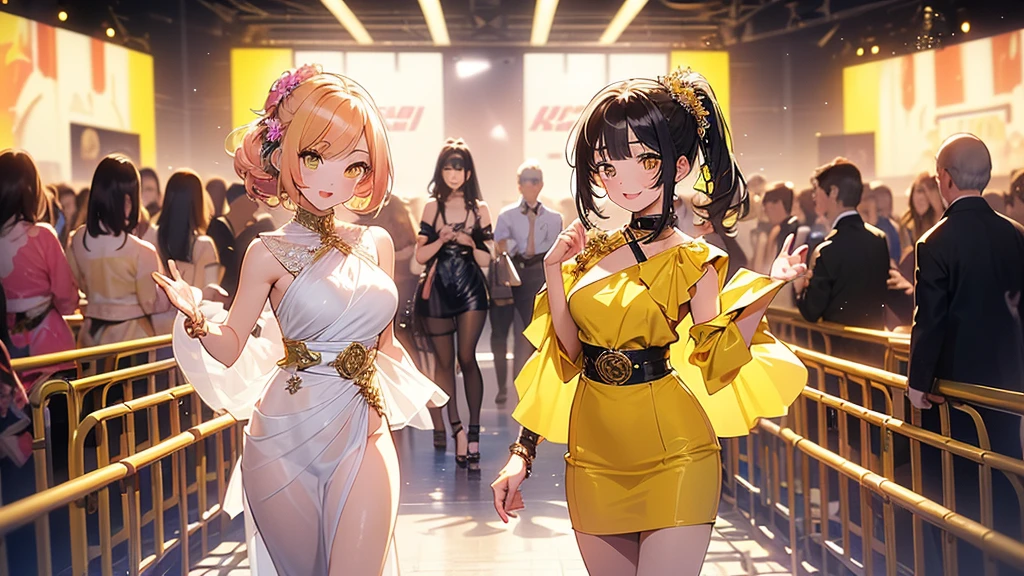 Masterpiece, super high quality anime style illustration. New York fashion show, sparkling lighting, ((two fashion models 20 years old)), ((two very cute girls 20 years old)), ((walking down the runway smiling)), waving. Highly detailed face, perfect beauty, colorful hair, bob, short. Yellow eyes, perfect makeup. Extremely revealing outfit. Waist up shot.