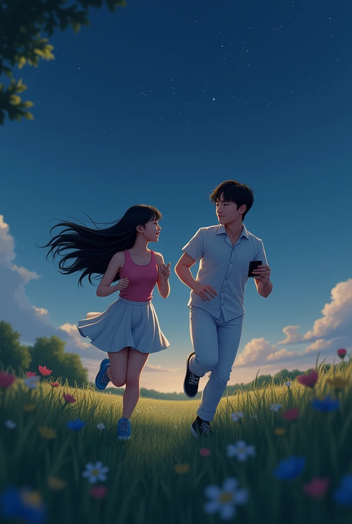 girl has black long hair and is pretty.she is wearing a pink top,a white skirt and blue shoes.he has black hair.He wears white shoes,white pants and a black shirt.it is night she looks at her cell phone he looks at her and smiles lovingly.the two run side by side on a field