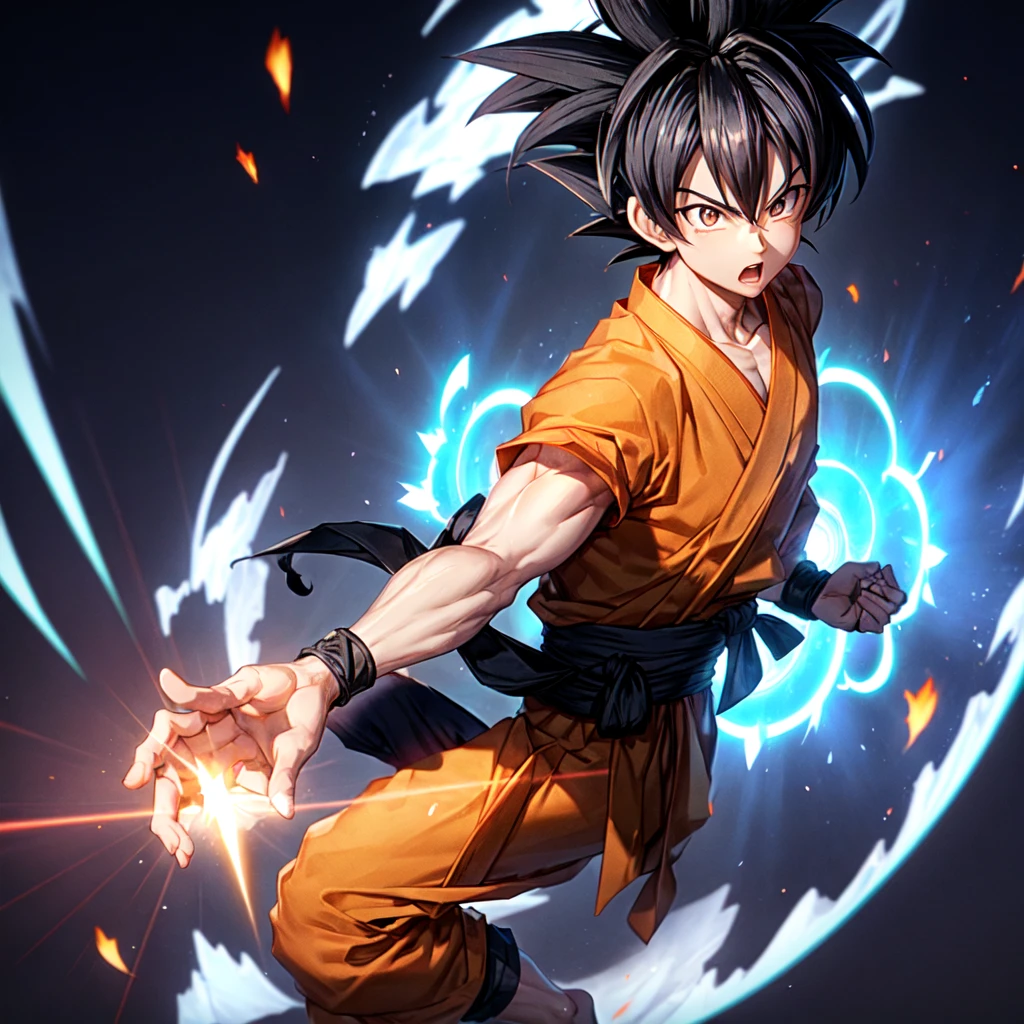 Son Goku, One person, Backlight, Iris, Black Hair, blue Wristband, Mouth closed, Daugi, hair, Show your hand, Particles of light, View your viewers, Men's Center, Muscular, Muscular male, Pectoral muscle, smile, alone, Spiked Hair, Upper Body, Wristband, ((masterpiece))
