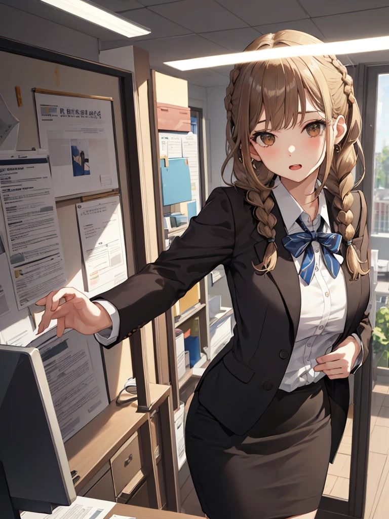 nsfw masterpiece, best quality, 1 girl, solo, ager, large breasts, light brown eyes, bangs, brond hair, braids hair, office staff suit, jacket, pencil skirt, upper body, standing, office