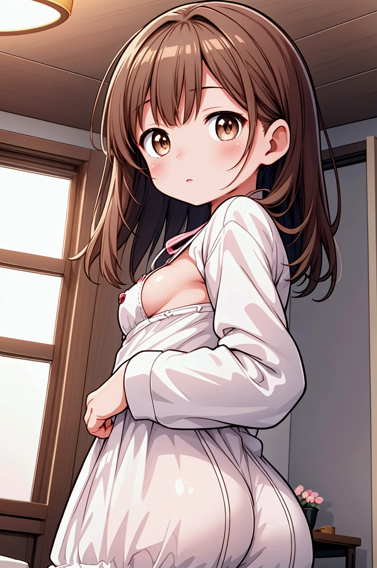 Photorealistic:1.4)、Beautiful illustrations、(Natural Side Lighting、Cinema Lighting)、Browsing Caution、Show to viewers、front:0.6、Perfect Face、Cute and symmetrical face、Shiny skin、Woman with short brown hair。A little chubby、Small breasts、Small butt、Brown eyes、Cloud、Floating in the sky、close、bright、happiness、Warm and soft lighting、sunset、(spark:0.7)