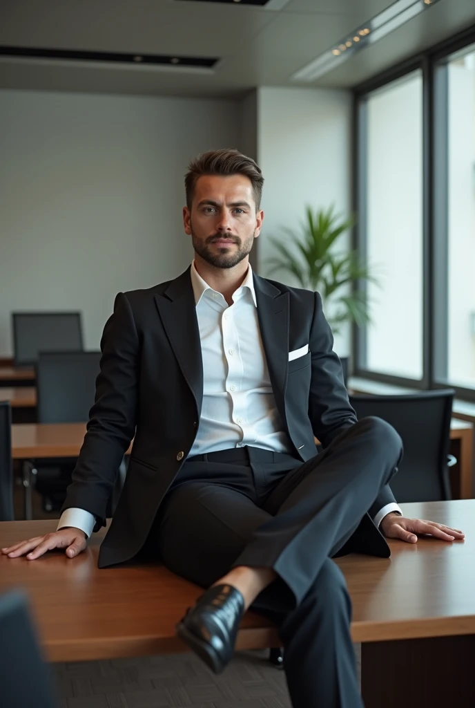 A man wearing a suit without the coat sitting on top of the desk in office with crossing legs like woman