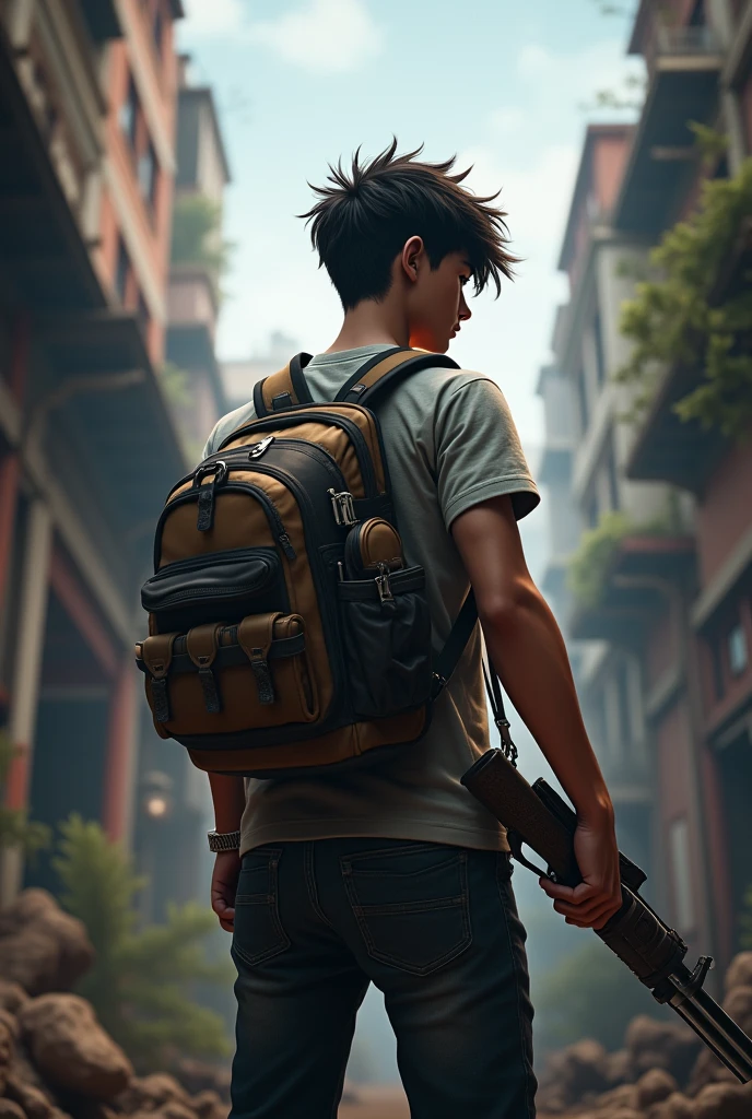 Create a player with his back turned to me and the name FRABSISCO and age 15 years and background pubg And in his hand is his weapon
