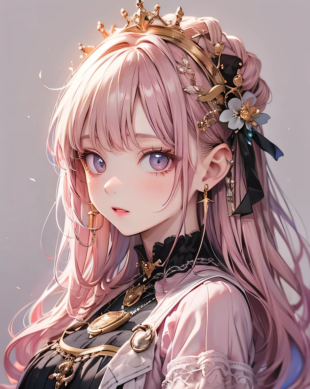 Highest quality, masterpiece, Upper Body, woman, Windblown Blonde, Shining Eyes, Steampunk Style, Light clothing, Pink clothes, Pink Hair