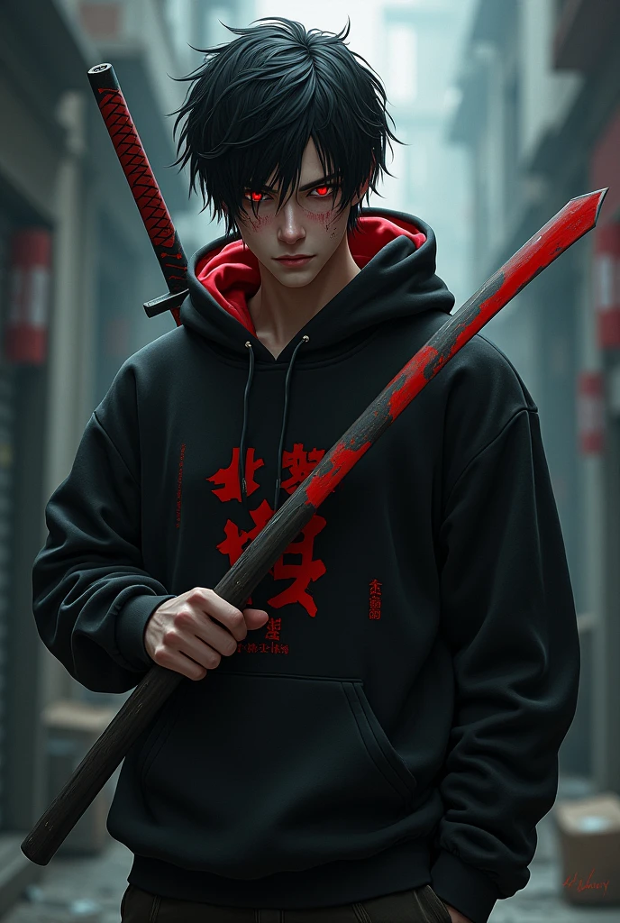 An injured male character with red eyes, black hair tossed to one side, black sweatshirt with red details, and a katana 