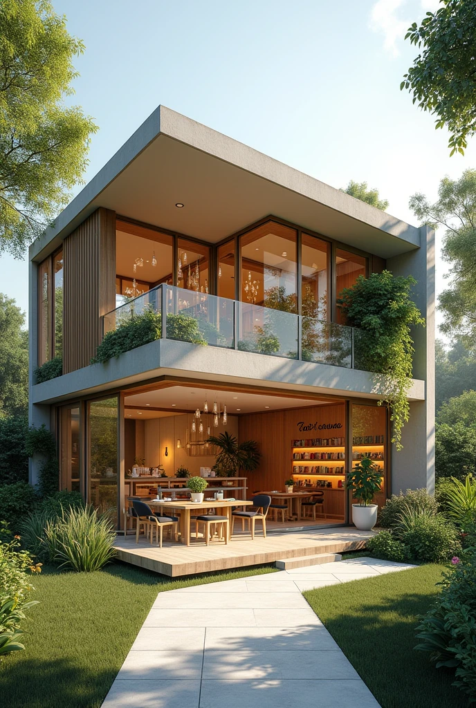 Picture the whole exterior building of a modern aesthetic and a light vibe of Serenity Café, Felize Flower Farm Boutique, and Haven's Book Collection