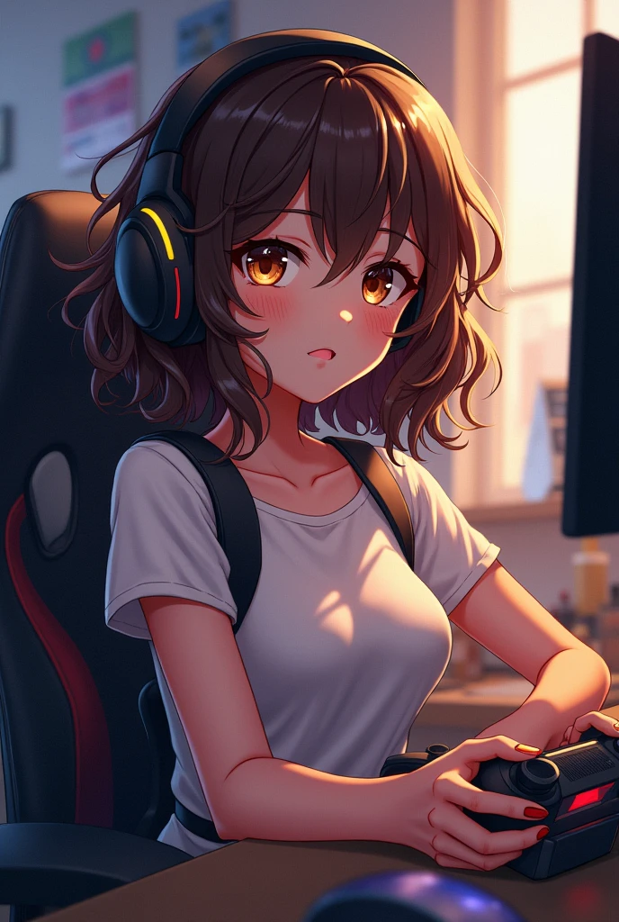 Anime gamer girl with a métis skin ,  médium long brown Curly hair ,brown eyes a Controllers of à Xbox in is hand ,she is siting in front of his desk in her gamer room 