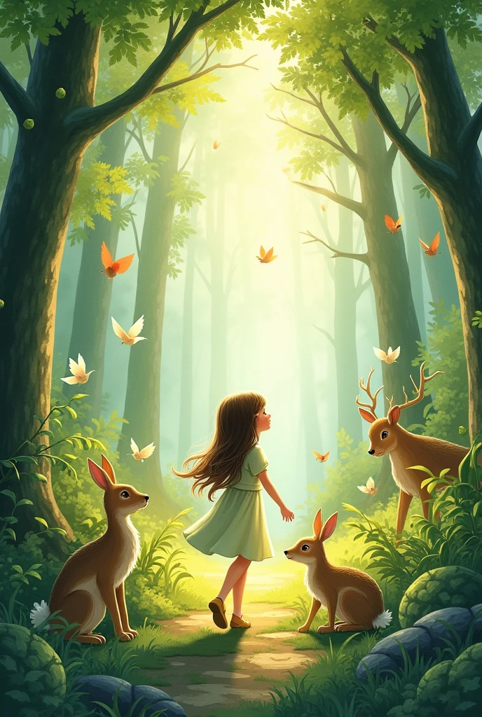 Illustration of a girl walking in the forest communicating with animals