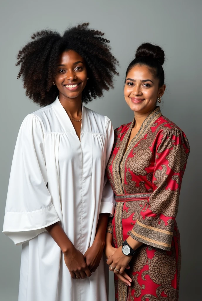Studio graduation photo of a curly-haired black girl wearing a toga named Yanti Awom,
with her mother, her hair in a bun and wearing a kebaya