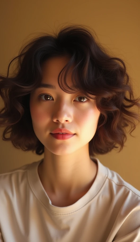  Short haircut, short curly style, fluffy curls
 - Slightly longer bangs, raked back
 - Hair movement is natural and light
 - Soft facial contours and striking eyes
 - The photo was taken in warm light, creating a calm atmosphere.

 These are compact summaries of the main characteristics of the images, including hair style, expression, and shooting environment. Please check
