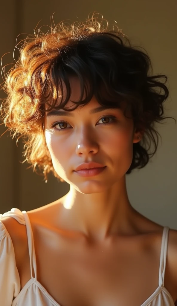 Short haircut, short curly style, fluffy curls
- Slightly longer bangs, raked back
- Hair movement is natural and light
- Soft facial contours and striking eyes
- The photo was taken in warm light, creating a calm atmosphere.
These are compact summaries of the main characteristics of the images, including hair style, expression, and shooting environment. Please check