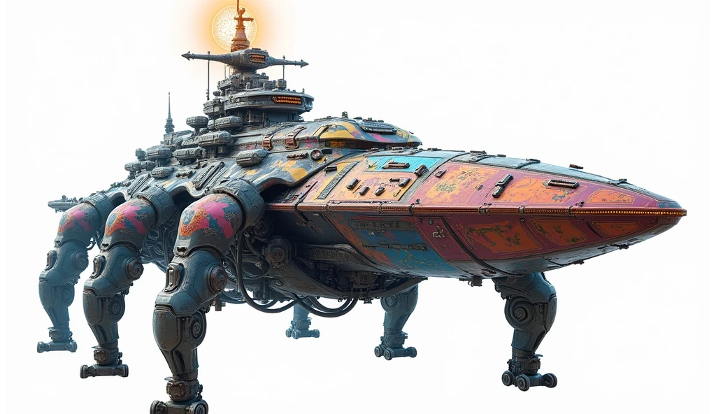 A long wide giant heavily armored divine futuristic flying all terrain biomechanical space battleship covered in rainbow batik pattern and glowing javanese runic symbols, multiple retractable cybernetic spider legs with wheels on the tip, divine halo, flying hovercraft, flying submarine, flying aircraft carrier, flying hotel, flying resort, flying city, flying skyscraper, flying cruise ship, flying yacht, flying castle, flying military base, multiple thrusters, multiple helipad, multiple propeller, mobile headquarters, mobile command center, automatic turrets, missile banks, missile defense system, multi-port rear engine arrays, large pivoted missile pods, anti-air batteries, reactive armour over vital spaces, VTOL thrusters, ventral ground-facing VTOL thruster bays, retractable center cannon, super carrier, sky carrier, space station, floating city, floating castle, white background