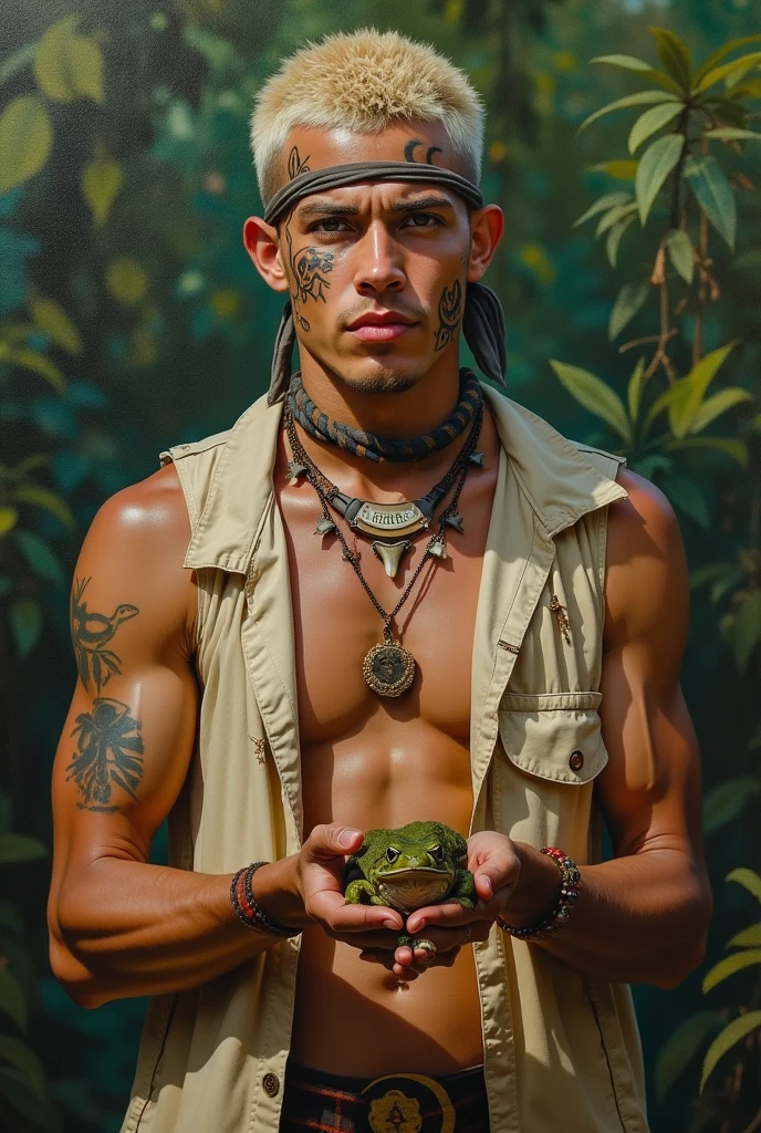 Portrait painting of a young white indigenous man with a bone in his nose.Cheveux court en paille portant un foulard dans les cheveux .Tribal face tattoo. Avec un collier de dent de requin autour du coup. Bare chested in the jungle in a ripped beige sleeveless cotton jacket. Tenant un crapeau dans les deux main 