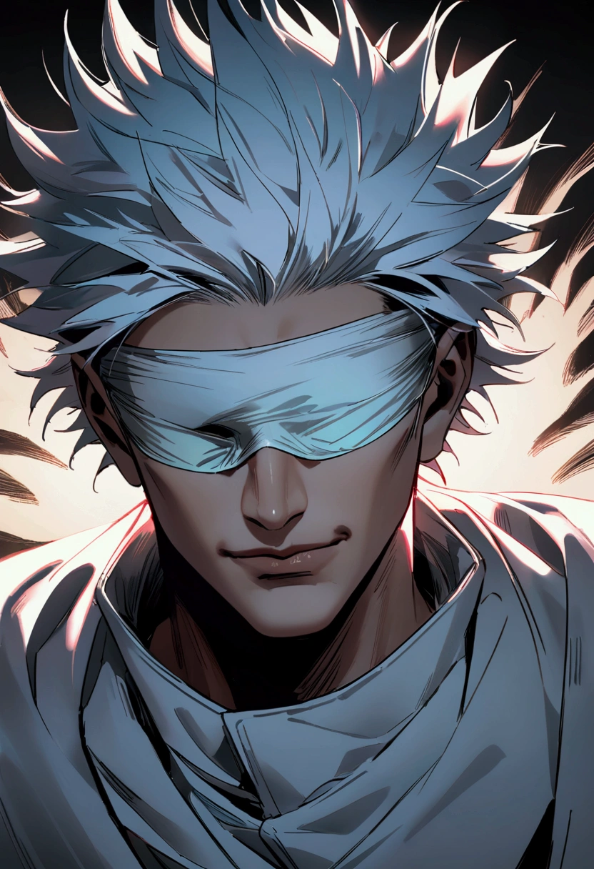 Generate a hyper-realistic portrait of Gojo Satoru from 'Jujutsu Kaisen,' wearing his iconic white blindfold. His hair should be styled in its signature spiky, silver-white look, with subtle strands catching the light. The blindfold should have fine textures, showing how it fits snugly over his eyes, adding to his mysterious and confident demeanor. His expression should be calm yet intimidating, with a slight smirk that hints at his overwhelming power. The background should be minimalistic, focusing the attention on Gojo, but with a faint aura of his limitless energy surrounding him, accentuating his unrivaled strength